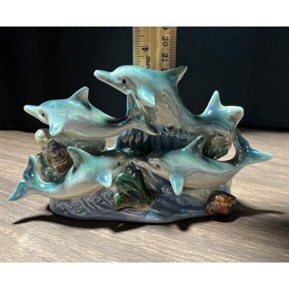Dolphin Figurine Ocean Scene Iridescent Porcelain Decor Oceanic Nautical - Picture 5 of 8